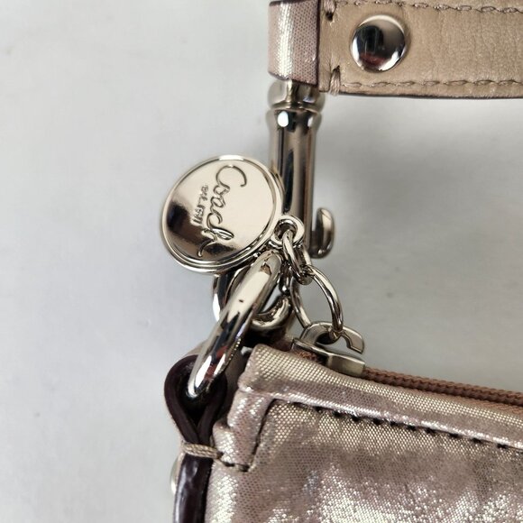 Coach Handbag Silver Metallic Pleated Mini Baguette Ashley Hobo Classic - Picture 3 of 9